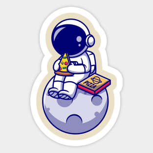 Cute Astronaut Eating Pizza On The Moon Cartoon Sticker